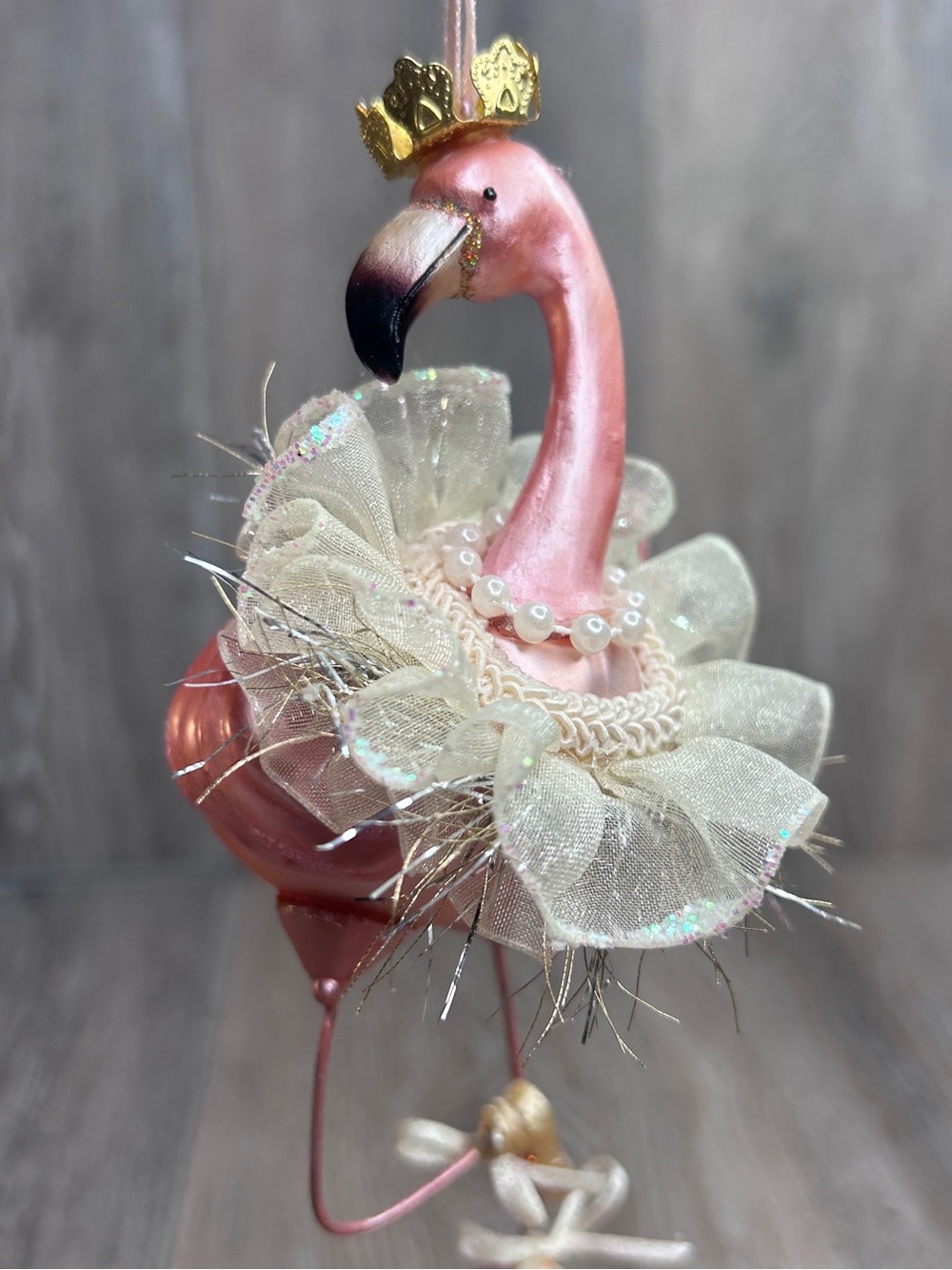 Vintage Pink Flamingo Ballerina Ornament with Cream Tulle Collar and Gold Crown